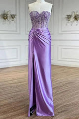 Long Satin Corset Prom Dress with Beading in Purple Sweetheart Mermaid Style