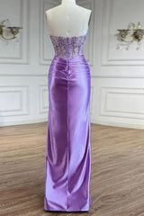 Long Satin Corset Prom Dress with Beading in Purple Sweetheart Mermaid Style