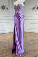Long Satin Corset Prom Dress with Beading in Purple Sweetheart Mermaid Style