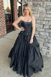 Long Black Satin A-Line Corset Prom Dress with Strapless Design and Bows