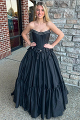 Long Black Satin A-Line Corset Prom Dress with Strapless Design and Bows