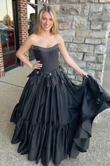 Long Satin A-Line Prom Corset Dress in Pink with Strapless Design and Bows