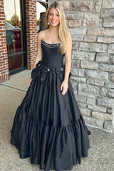 Long Black Satin A-Line Corset Prom Dress with Strapless Design and Bows