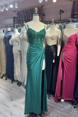 Long Mermaid Satin Corset Prom Dress with Dark Green Spaghetti Straps and Appliques