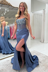 Long Beaded Corset Prom Dress in Dusty Blue Mermaid Satin with Sparkly Slit