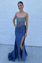 Blue Beaded Satin Mermaid Corset Prom Dress with Glitter and Slit Strapless Long