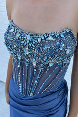 Blue Beaded Satin Mermaid Corset Prom Dress with Glitter and Slit Strapless Long