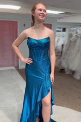 Long Strapless Dark Blue Beaded Corset Prom Dress with Sparkly Slit