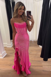 Long Beaded Strapless Prom Dress in Sparkly Fuchsia with Slit