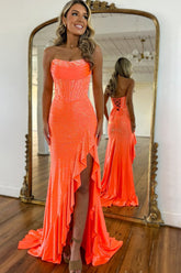 Long Beaded Orange Mermaid Prom Dress with Sparkly Ruffles and Strapless Corset