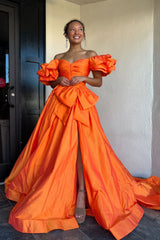 Elegant Orange A-Line Prom Gown with Puff Sleeves Ruched Detail and Bow
