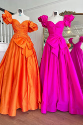 Elegant Fuchsia A-Line Prom Dress with Puff Sleeves Ruched Detail and Bow