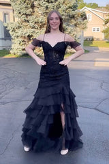 Long Black Chiffon Prom Dress with Cold Shoulder and Tiered Mermaid Hem Embellished with Appliques
