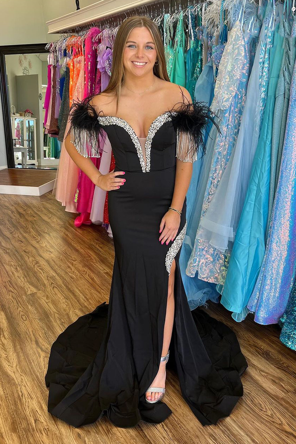 Long Black Satin Mermaid Prom Dress with Sequins Off the Shoulder