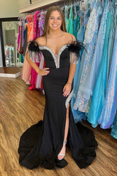 Long Black Satin Mermaid Prom Dress with Sequins Off the Shoulder