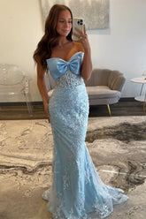Long Strapless Prom Corset Dress in Sky Blue with Mermaid Appliques