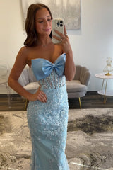 Long Strapless Prom Corset Dress in Sky Blue with Mermaid Appliques
