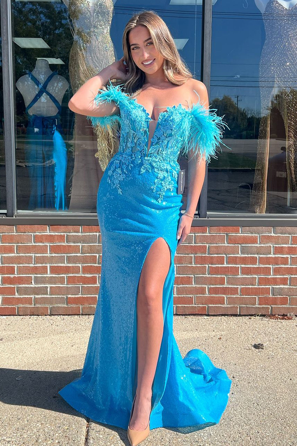Long Blue Sparkly Mermaid Corset Prom Dress with Feather and Off-the-Shoulder Sequins
