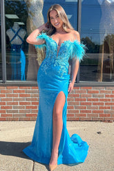Long Blue Sparkly Mermaid Corset Prom Dress with Feather and Off-the-Shoulder Sequins
