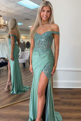 Long Green Mermaid Prom Dress with Off-Shoulder Neckline and Appliqued Corset Slit