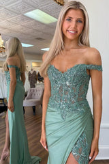 Long Green Mermaid Prom Dress with Off-Shoulder Neckline and Appliqued Corset Slit