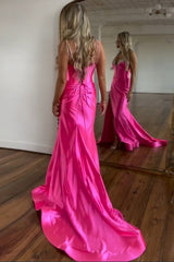Long Satin Prom Dress with Fuchsia Spaghetti Straps and Beading