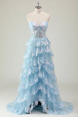 Sweetheart Blue Sparkly Long A-Line Corset Prom Dress with Ruffles and Sequins Featuring a Slit