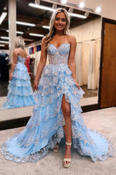 Sweetheart A-Line Corset Prom Dress with Sparkly Blue Sequins Ruffles and Slit