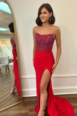Long Beaded Red Mermaid Prom Dress with Sparkly Strapless Design and Slit