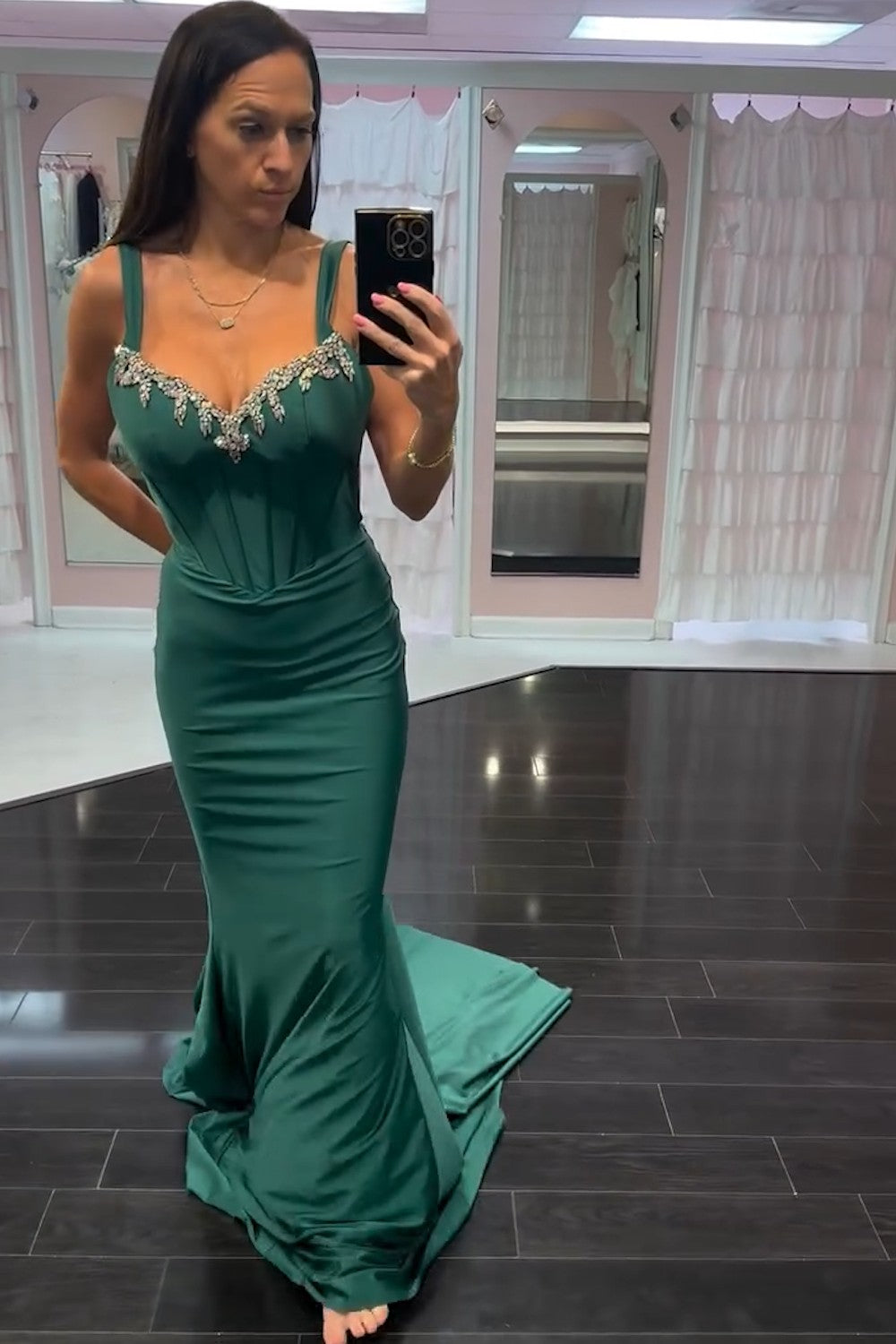 Long Mermaid Prom Dress with Dark Green Spaghetti Straps and Beading