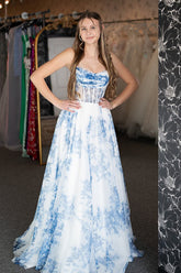 Long Chiffon Prom Dress with White Blue Flower Print Corset & A-Line Slit