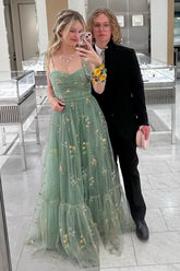 Long Green Prom Dress with Spaghetti Straps and A-Line Embroidery