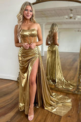 Metallic Golden Long Mermaid Corset Prom Dress with Ruched Strapless Design and Slit