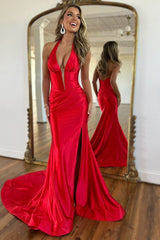 Long Navy Satin Mermaid Prom Dress with Halter Neck and Corset Slit