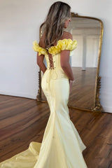 Long Satin Prom Dress in Yellow with Off-Shoulder Ruffles and Mermaid Style