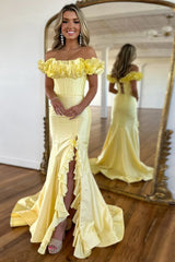 Long Satin Prom Dress in Yellow with Off-Shoulder Ruffles and Mermaid Style