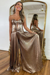 Metallic Rose Gold Sweetheart A-Line Long Pleated Corset Jumpsuit for Prom