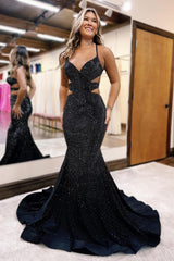 Black Glitter Spaghetti Strap Mermaid Gown with Cut-out Detail and Beaded Accents