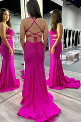Long Mermaid Prom Dress with Sparkly Fuchsia Spaghetti Straps and Beading