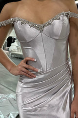 Silver Sparkle Mermaid Prom Dress with Shoulder Detail and Satin Ruched Slit