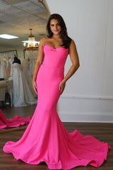 Long Strapless Mermaid Prom Corset Dress in Hot Pink with Slit