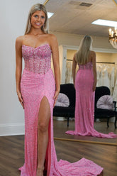 Long Pink Sparkly Mermaid Prom Dress with Strapless Corset and Sequins Slit