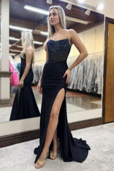 Long Black Beaded Mermaid Corset Prom Dress with Strapless Neckline and Slit