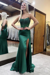 Long Black Beaded Mermaid Corset Prom Dress with Strapless Neckline and Slit