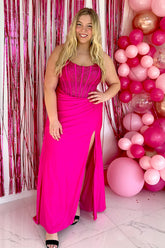 Long Beaded Fuchsia Strapless Prom Corset Dress with Mermaid Slit