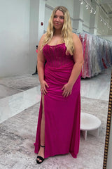 Long Beaded Fuchsia Strapless Prom Corset Dress with Mermaid Slit
