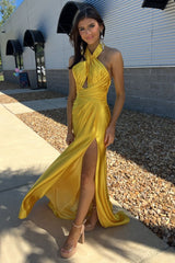 Long Satin Mermaid Prom Dress in Yellow with Halter Neck Ruched Detail and Slit