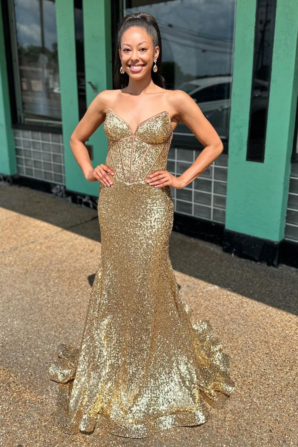 Golden Sparkle Strapless Long Mermaid Corset Dress with Sequins