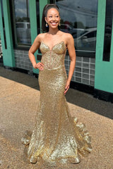 Golden Sparkle Strapless Long Mermaid Corset Dress with Sequins