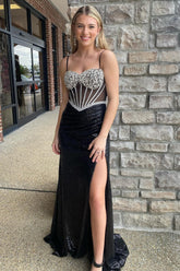 Long Black Corset Prom Dress with Sparkly Mermaid Sequins and Beaded Spaghetti Straps
